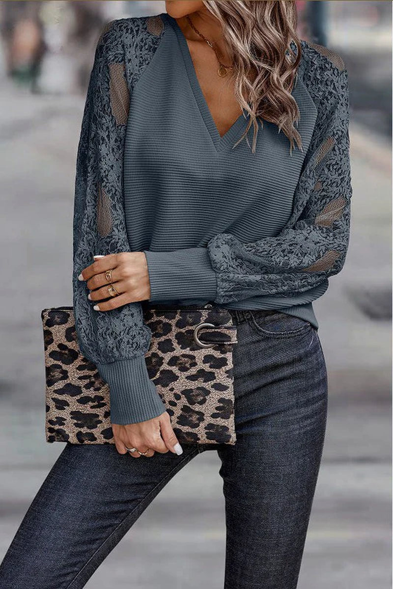 Lace Sleeve V Neck Top