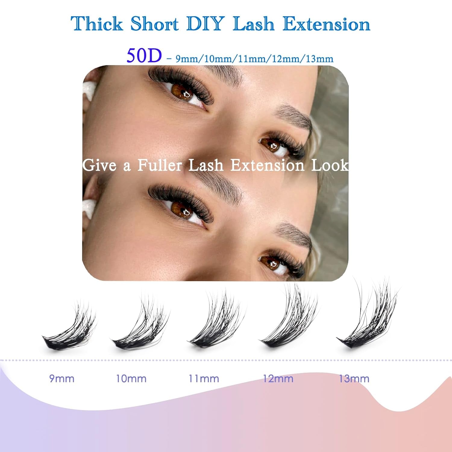 Short Lash Extension Kit 50D Natural Lash Clusters Wispy Fluff Eyelash Extensions D Curl Individual Lashes 9-13MM Thick Eyelashes Clusters Bond and Seal(Thick Short Eyelash Extension Kit 50P)
